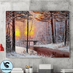 Winter Forest Sunset Canvas Wall Art Painting, Canvas Wall Art, Winter Landscape Painting Posters On Canvas, Modern Wall