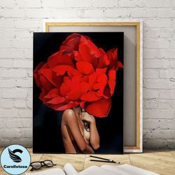 Woman With Red Roses Canvas Art,Floral Portrait,Romantic Home Decor,Elegant Wall Art,Botanical Print,Feminine Artwork