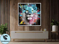 colorful lion canvas, lion canvas, lion wall art, animal wall art, lion poster, wall art canvas design, framed canvas re