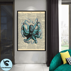 blue octopus canvas wall art, extraordinary octopus canvas print art, sea creature canvas wall art, octopus ready to han