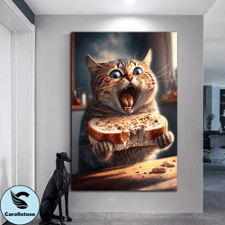 cute cat canvas wall art, cat eating canvas wall art, confused cat canvas print art, cute animal canvas wall decor