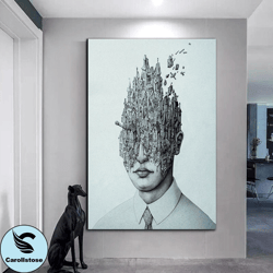 man and city canvas print art, destroyed city canvas wall art in man's head, surreal man portrait ready to hang