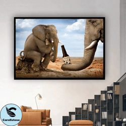 elephant drinking beer canvas wall art , elephants canvas painting , elephant poster, elephant canvas print , christmas