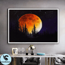 full moon wall art, night sky canvas, moon retro style decor art, milky way canvas wall art, full moon canvas, full moon