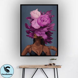 purple flower head woman canvas wall art, flower head woman canvas painting , fashion woman canvas print , modern home d