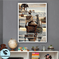 woman and dog traveling canvas wall art , suitcases canvas painting , seascape canvas print , modern home decor