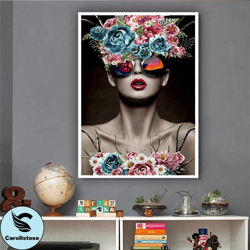 woman with glasses canvas wall art, flower head woman canvas painting , fashion woman canvas print , modern home decor