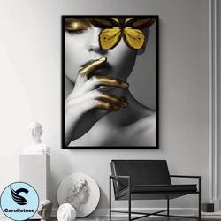 woman with gold makeup canvas print art, gold butterfly ready to hang on the wall canvas print art, valentines day gift