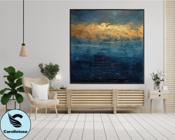 Large Blue Seascape Painting Ocean Sunset,Abstract Art in Gold Painting Large Sky Painting Modern Wall Art, Wall Decor L