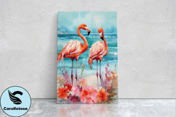 Flamingo Flowers on Canvas, Floral Bird, Beach Art, Framed Canvas, Tropical Art, Blue Water, Animal Print, Bird Lover, V