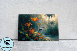 jungle flower bird canvas art ready to hang large print, oil painting, landscape