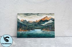lakeside mountains on canvas, lake view mountains, abstract landscape, modern landscape, neutral tones, subtle color, wa