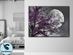 purple tree&moon print on canvas,purple tree landscape canvas wall art,full moon canvas painting,office room decor,moon