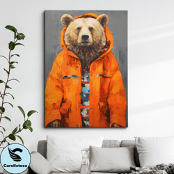 Bear With Coat Hood Animal Abstract Oil Painting Splatter Style Wall Art, Framed Canvas Poster Print, Home Kitchen Offic