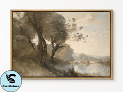 SouthandArt Vintage Landscape Framed Print, Riverside Trees Framed Large Gallery Art, Minimalist Art Ready to Hang  with