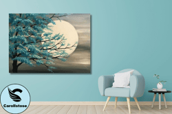 moon  ,moon and tree wall art,blue tree and full moon canvas wall art ,full moon canvas painting , landscape canvas prin