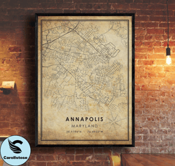 Annapolis Vintage Map Print , Annapolis Map , Annapolis Maryland City Road Map Poster CanvasCanvas Print Wall Decor, Wal