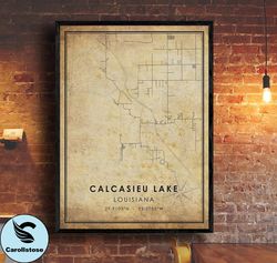 Calcasieu Lake Vintage Map Print , Louisiana Map , Louisiana Map Art , Calcasieu Lake City Road Map Poster , Vintage Gif
