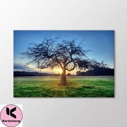 sunset and tree canvas wall art, nature wall decoration, gift for nature lovers, green design ideas, big tree photograph