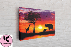 sunset elephant and giraffe elephant canvas, elephant canvas print, canvas wall art canvas design, home decor ready to h