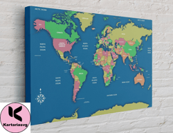 Wonderful Labelled World Map Canvas, Canvas Wall Art Canvas Design, Home Decor Ready To Hang