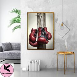 boxing gloves hanging on the board canvas painting, red boxing gloves ready to hang on the wall canvas painting, canvas