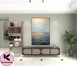 original large blue ocean oil painting on canvas,acrylic seascape wall art,modern beach for living,gold plated sunset,w