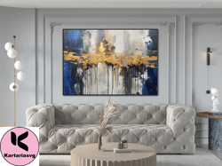 Original Extra Large Abstract Painting,White Blue & Gold Wall Art, Oversized Abstracrt,Surreal Decor,Canvas Abstract,Mod