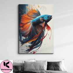 betta fighting fish aquarium swimming painting splatter wall art framed canvas poster print, home/office room decor gift