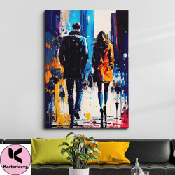 Couple Walking In The City Abstract Oil Painting Style Wall Art, Framed Canvas Poster Print, Home Kitchen Office Room De