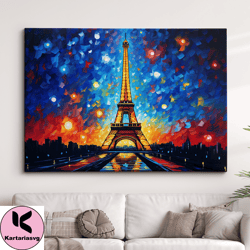 Eiffel Tower Paris France Starry Night Painting Abstract Art Wall Art, Framed Canvas Poster Print, Home Kitchen Office R