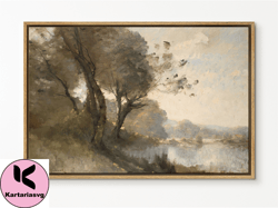 southandart vintage landscape framed print, riverside trees framed large gallery art, minimalist art ready to hang  with