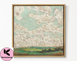 southandart vintage landscape wall art print, cloudy sky and field framed large gallery art, minimalist art ready to han