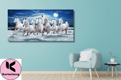 7 Running Horses Wall Art,7 Running White Horses Canvas Wall Art,  , Moon Wall Art   Home Decor  Colourful Print Canvas