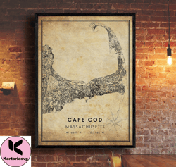 cape cod vintage map print , cape cod map , cape cod massachusetts city road map poster canvascanvas print wall decor, w