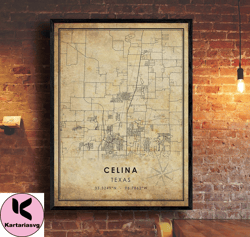 Celina Vintage Map Print , Celina Map , Texas Map Art , Celina City Road Map Poster , Vintage Gift MapCanvas Print Wall