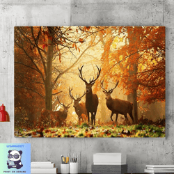autumn forest landscape mural,forest deer canvas painting, deer wall art,animal wall decor, home decor,large living room