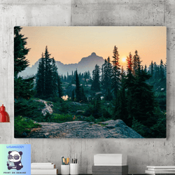 forest sunrise landscape canvas wall art painting, mountain canvas wall decoration, landscape poster, modern living room