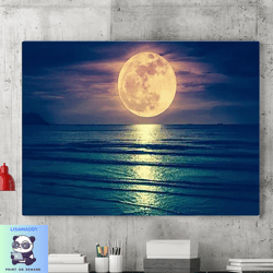 Huge Full Moon Over The Sea,Coastal Moon Artwork,Night Sky Decor,Ocean Moonlight Painting,Beach House Wall Art,Lunar Lan