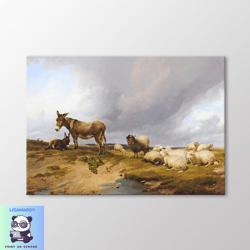 Country Friends Donkey and Sheeps by Thomas Sidney Cooper Canvas Wall Art