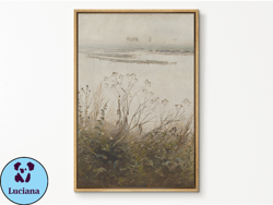 vintage botanical oil painting, neutral landscape framed canvas print, floral seascape painting, antique botanical print