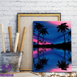 neon sunset canvas painting, oil prints, palm tree art poster decoration, canvas wall art, seascape art, teen room decor