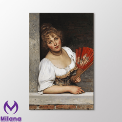 The Red Fan by Eugene Von Blaas Canvas Wall Art, Der Rote Facher Painting