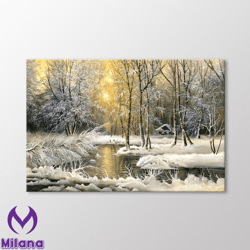winter trees canvas wall art, winter oil painting reproduction, farmhouse wall decoration, canvas ready to hang