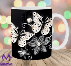 3D Black White Butterflies Mug Wrap, 11oz And 15oz Mug Template, Mug Sublimation Design, Mug Wrap Template, Instant Digi
