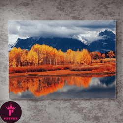 Autumn Tree Along The River W/ Mountain Canvas.Fall Scenery.Nature Wall Art.Riverbank Decor.Tranquil Landscape Painting