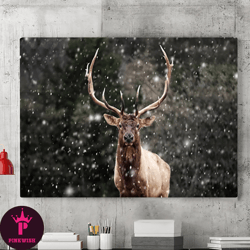 Elk Wall Canvas Art In Snow, Deer Wall Art, Animal Portrait Art, Natural Wildlife Photography, Wildlife Printing, Animal