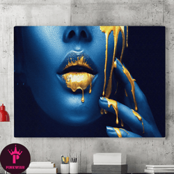 Golden Lip Drops Sexy Women Canvas Wall Art Painting, African Female Art, Oil Print, Modernist Painting, Home Decoration