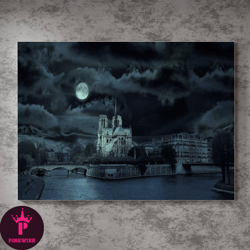 Night Cathedral Moon In Notre Dame Canvas.Gothic Church Art.Parisian Cityscape Print.Moonlit Skyline.French Architecture