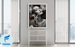 sexy woman with red lipstick smoking canvas